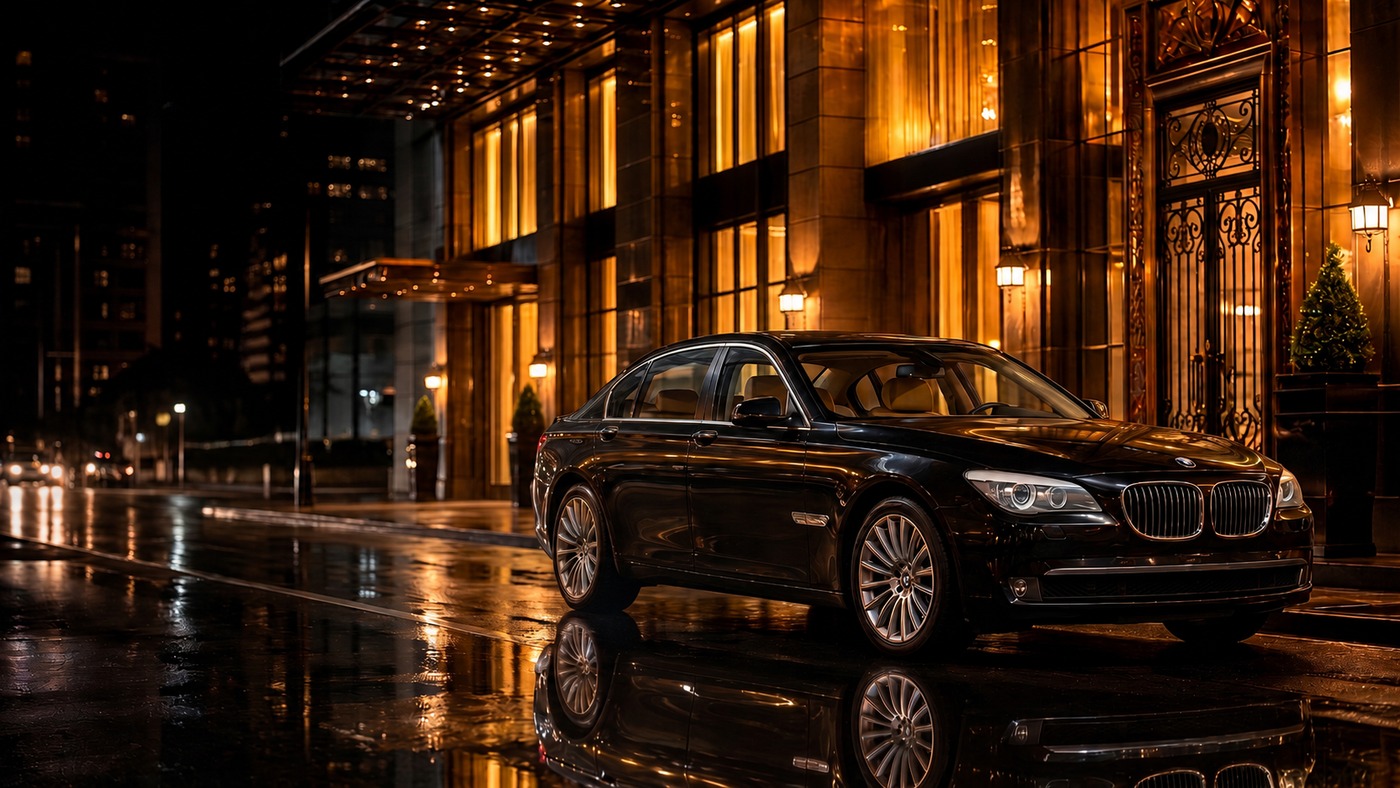 Front three-quarter profile of a black BMW 7 Series sedan outside a gold-lit hotel