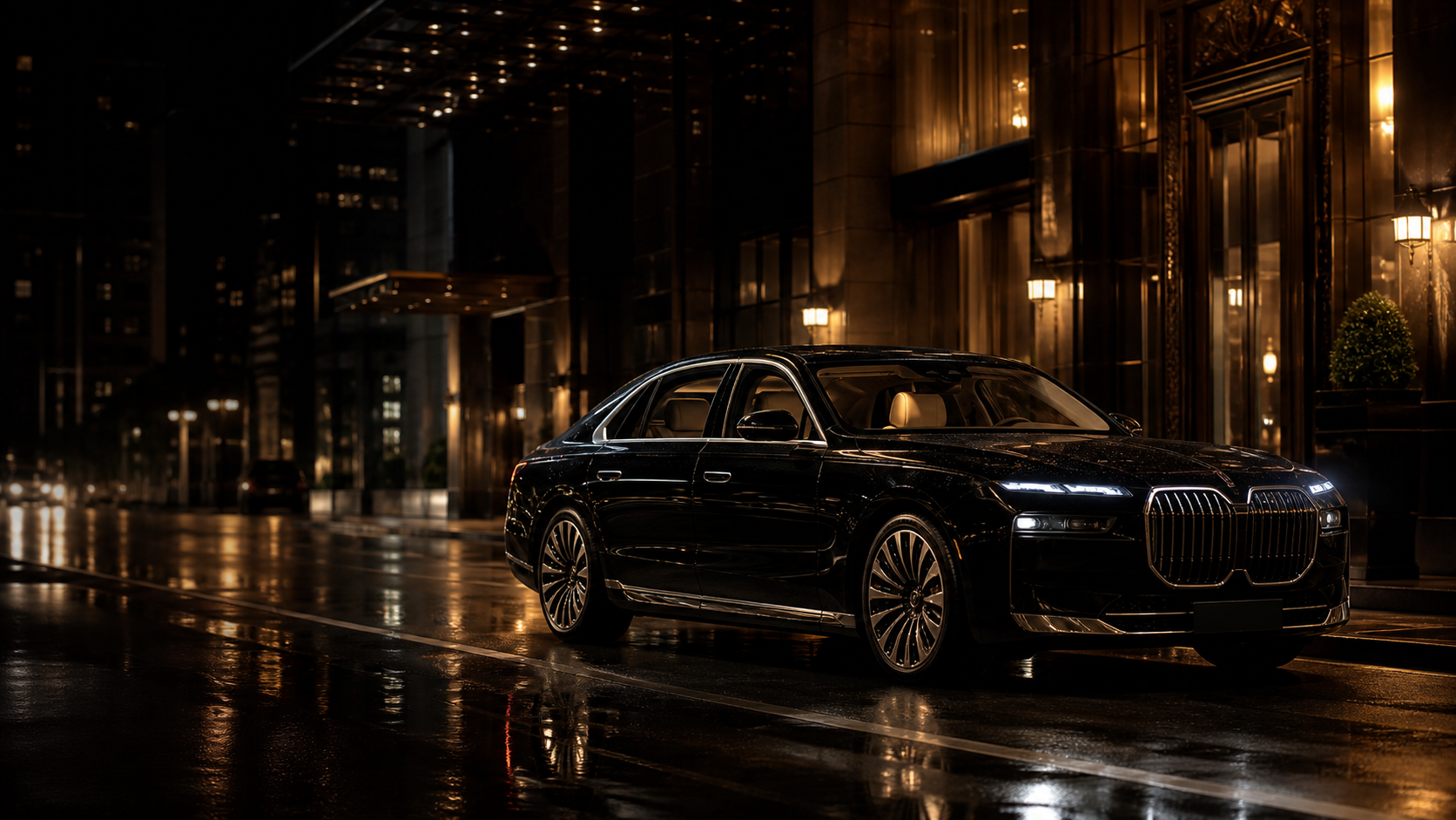 Black executive sedan on a wet city street at night